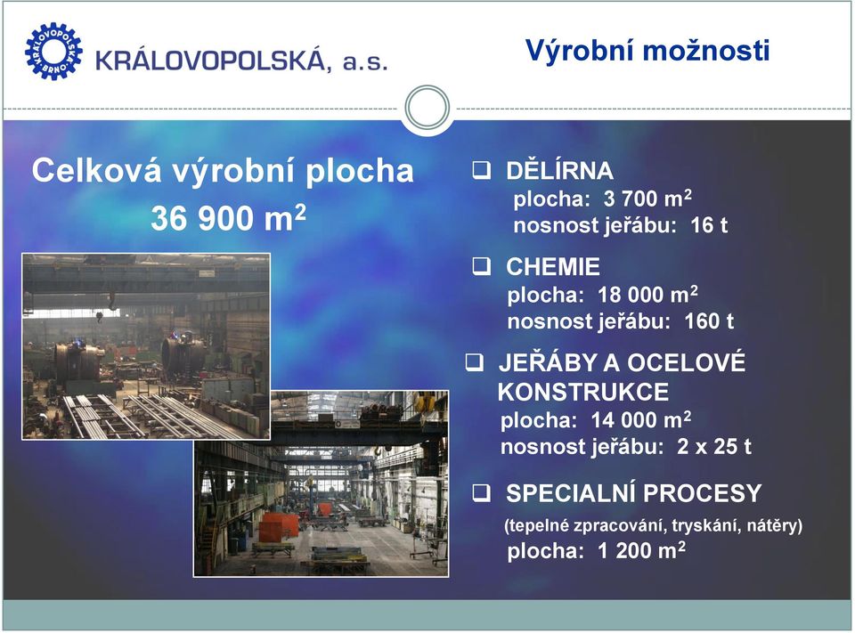 JEŘÁBY A OCELOVÉ KONSTRUKCE plocha: 14 000 m 2 nosnost jeřábu: 2 x 25 t