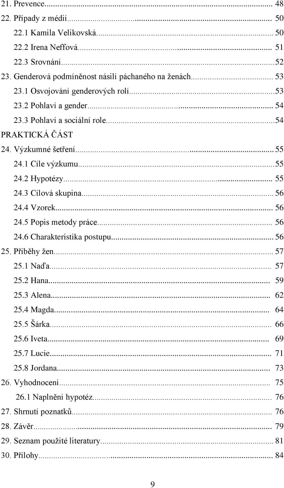 .. 56 24.4 Vzorek... 56 24.5 Popis metody práce... 56 24.6 Charakteristika postupu... 56 25. Příběhy žen... 57 25.1 Naďa... 57 25.2 Hana... 59 25.3 Alena... 62 25.4 Magda... 64 25.5 Šárka... 66 25.