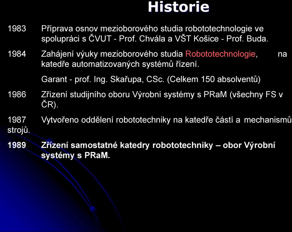Skařupa, CSc. (Celkem 150 absolventů) 1986 Zřízení studijního oboru Výrobní systémy s PRaM (všechny FS v ČR).
