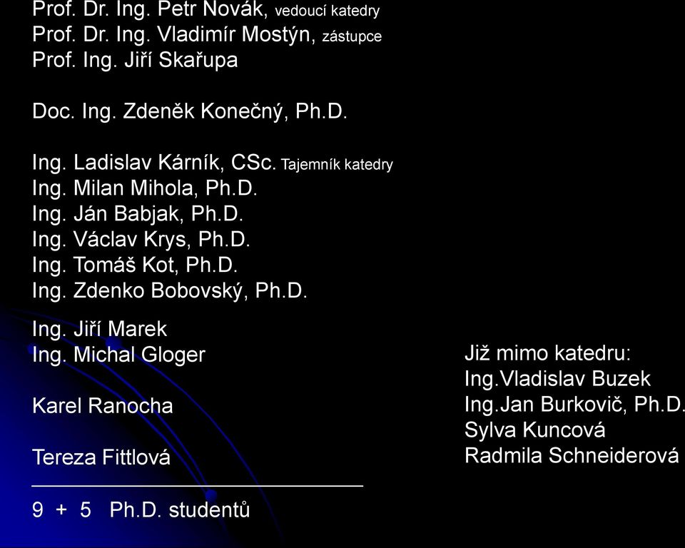 D. Ing. Zdenko Bobovský, Ph.D. Ing. Jiří Marek Ing. Michal Gloger Karel Ranocha Tereza Fittlová 9 + 5 Ph.D. studentů Již mimo katedru: Ing.