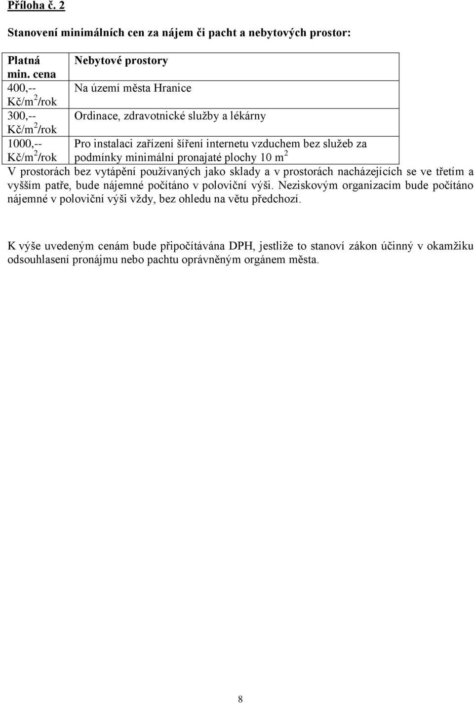 /rok podmínky minimální pronajaté plochy 10 m 2 V prostorách bez vytápění používaných jako sklady a v prostorách nacházejících se ve třetím a vyšším patře, bude nájemné počítáno v