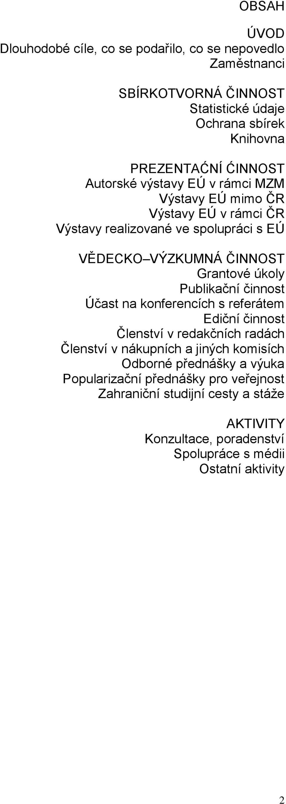 Grantové úkoly Publikační činnost Účast na konferencích s referátem Ediční činnost Členství v redakčních radách Členství v nákupních a jiných komisích