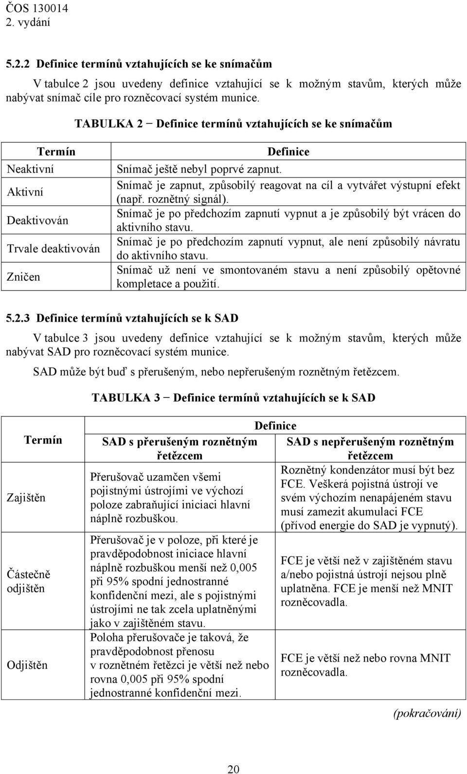 Snímač je zapnut, způsobilý reagovat na cíl a vytvářet výstupní efekt (např. roznětný signál). Snímač je po předchozím zapnutí vypnut a je způsobilý být vrácen do aktivního stavu.