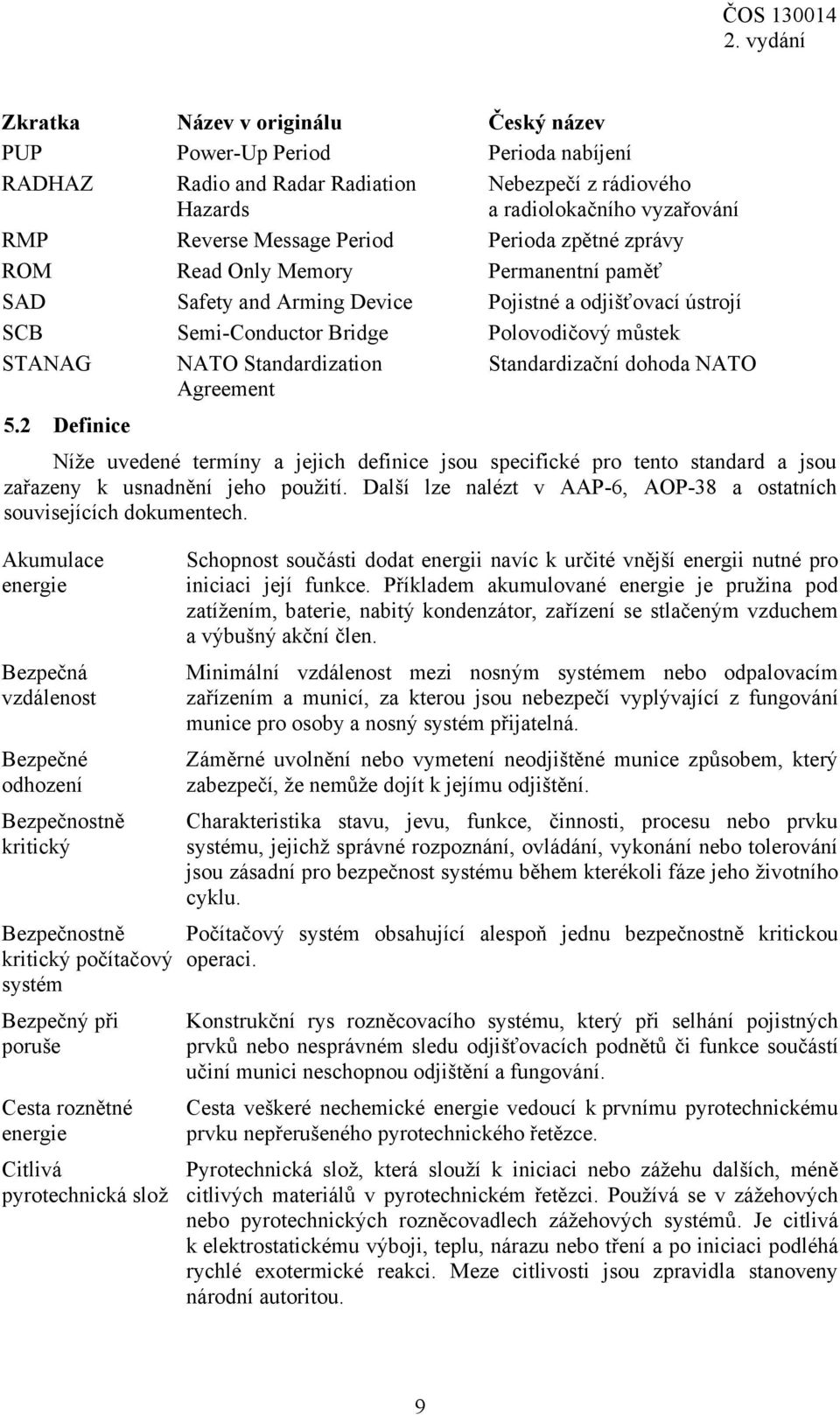 Agreement Standardizační dohoda NATO 5.2 Definice Níže uvedené termíny a jejich definice jsou specifické pro tento standard a jsou zařazeny k usnadnění jeho použití.