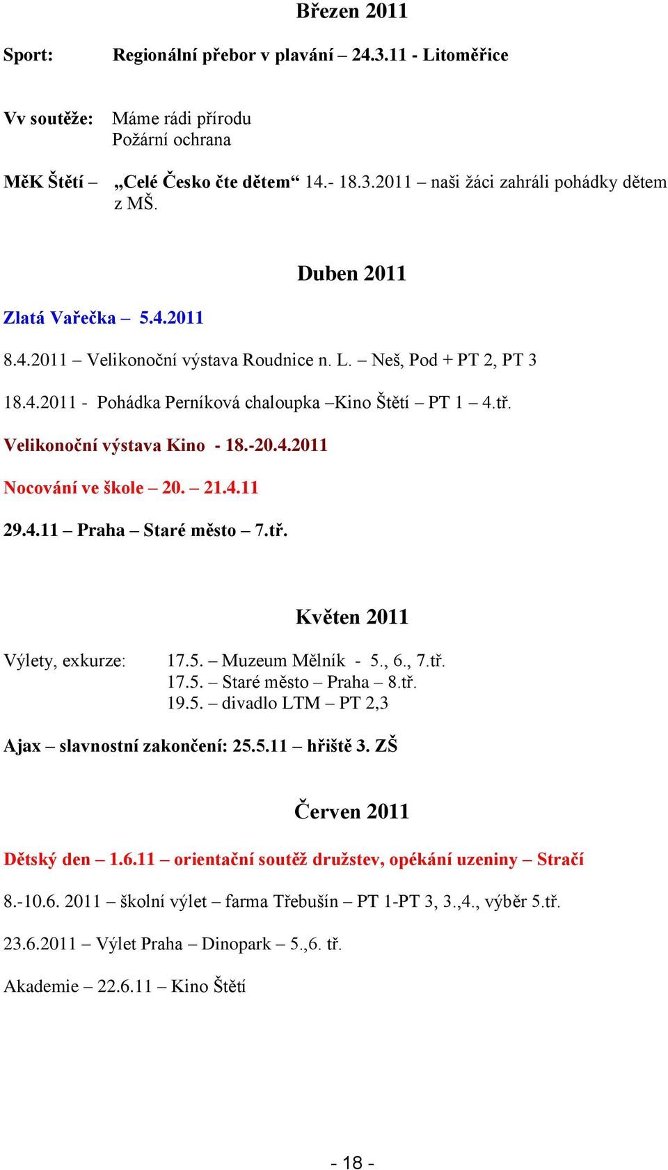 21.4.11 29.4.11 Praha Staré město 7.tř. Květen 2011 Výlety, exkurze: 17.5. Muzeum Mělník - 5., 6., 7.tř. 17.5. Staré město Praha 8.tř. 19.5. divadlo LTM PT 2,3 Ajax slavnostní zakončení: 25.5.11 hřiště 3.