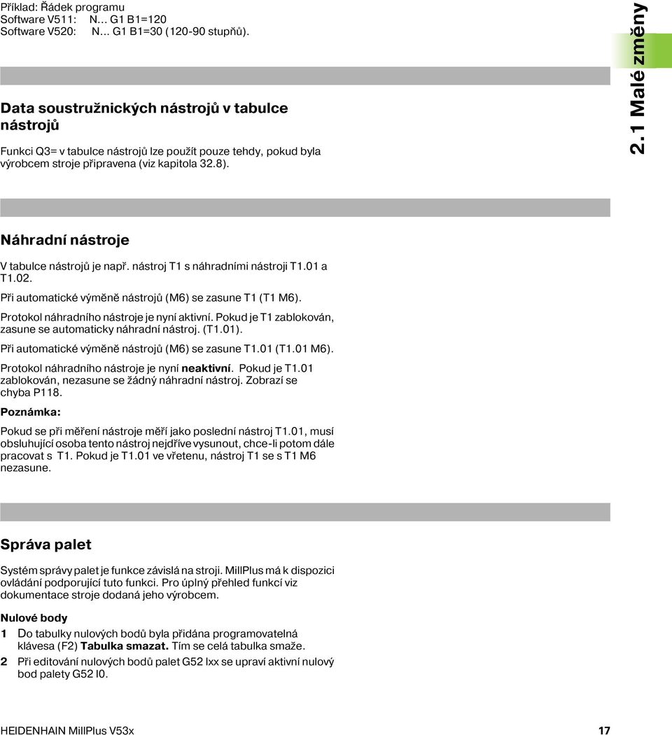 1 Malé změny Náhradn nástroje V tabulce nástrojů je např. nástroj T1 s náhradn mi nástroji T1.01 a T1.02. Při automatické výměně nástrojů (M6) se zasune T1 (T1 M6).