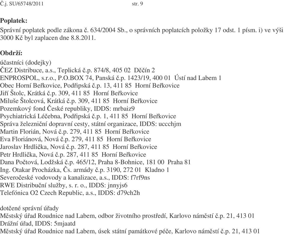 p. 309, 411 85 Horní Bekovice Pozemkový fond eské republiky, IDDS: mrbaiz9 Psychiatrická Léebna, Podipská.p. 1, 411 85 Horní Bekovice Správa železniní dopravní cesty, státní organizace, IDDS: uccchjm Martin Florián, Nová.