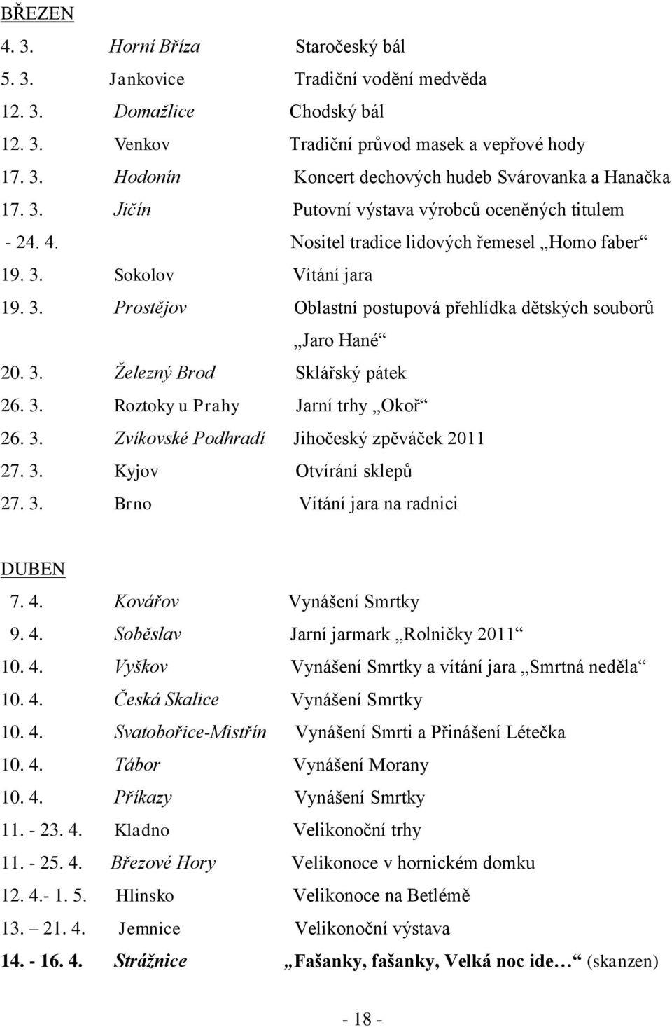 3. Ţelezný Brod Sklářský pátek 26. 3. Roztoky u Prahy Jarní trhy Okoř 26. 3. Zvíkovské Podhradí Jihočeský zpěváček 2011 27. 3. Kyjov Otvírání sklepů 27. 3. Brno Vítání jara na radnici DUBEN 7. 4.