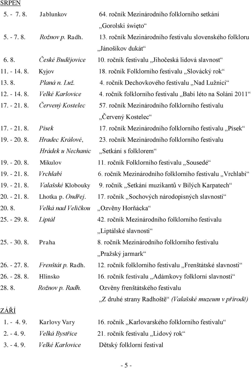 ročník folklorního festivalu Babí léto na Soláni 2011 17. - 21. 8. Červený Kostelec 57. ročník Mezinárodního folklorního festivalu Červený Kostelec 17. - 21. 8. Písek 17.