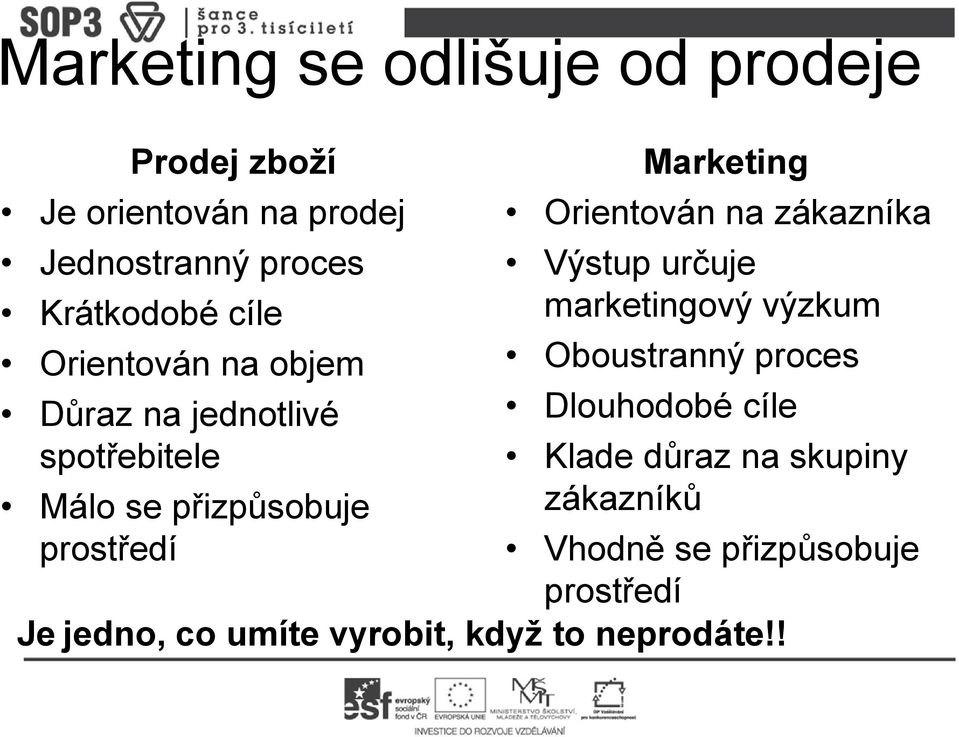Orientován na zákazníka Výstup určuje marketingový výzkum Oboustranný proces Dlouhodobé cíle Klade