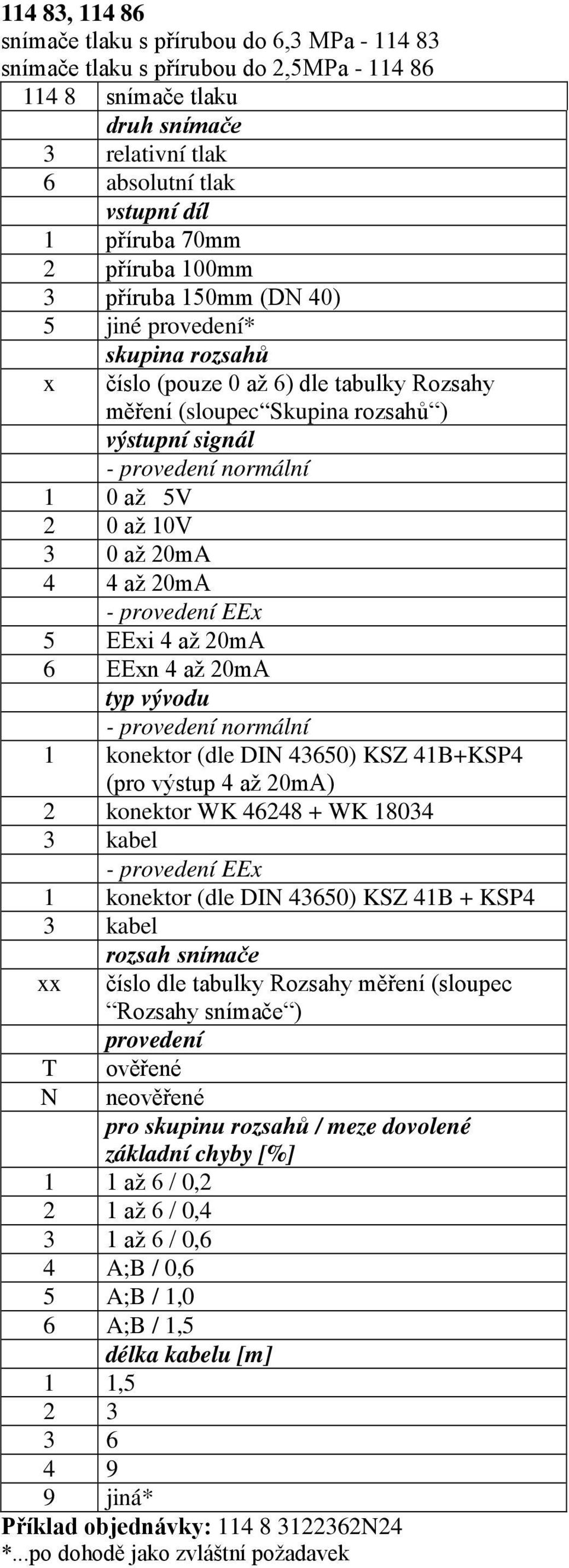 EExi 4 až 20mA 6 EExn 4 až 20mA typ vývodu 1 konektor (dle DIN 43650) KSZ 41B+KSP4 (pro výstup 4 až 20mA) 2 konektor WK 46248 + WK 18034 1 konektor (dle DIN 43650) KSZ 41B + KSP4 rozsah snímače xx T