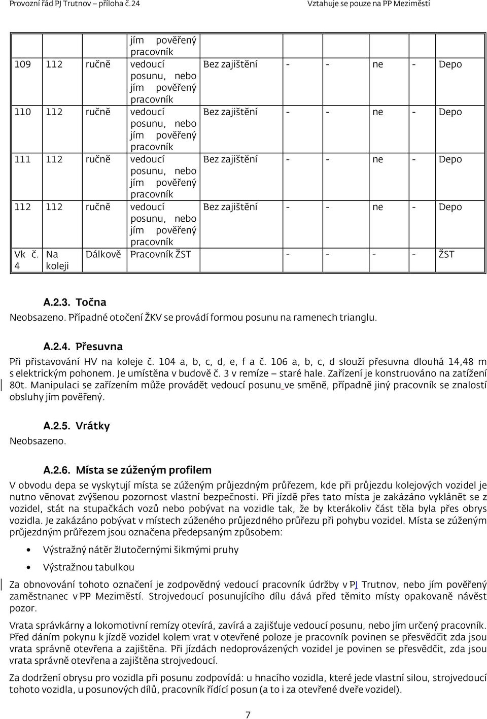 Případné otočení ŽKV se provádí formou posunu na ramenech trianglu. A.2.4. Přesuvna Při přistavování HV na koleje č. 104 a, b, c, d, e, f a č.