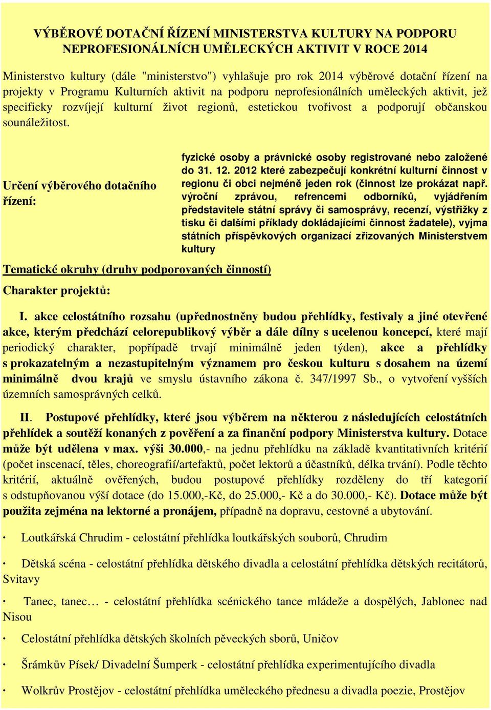 Určení výběrového dotačního řízení: Tematické okruhy (druhy podporovaných činností) Charakter projektů: fyzické osoby a právnické osoby registrované nebo založené do 31. 12.