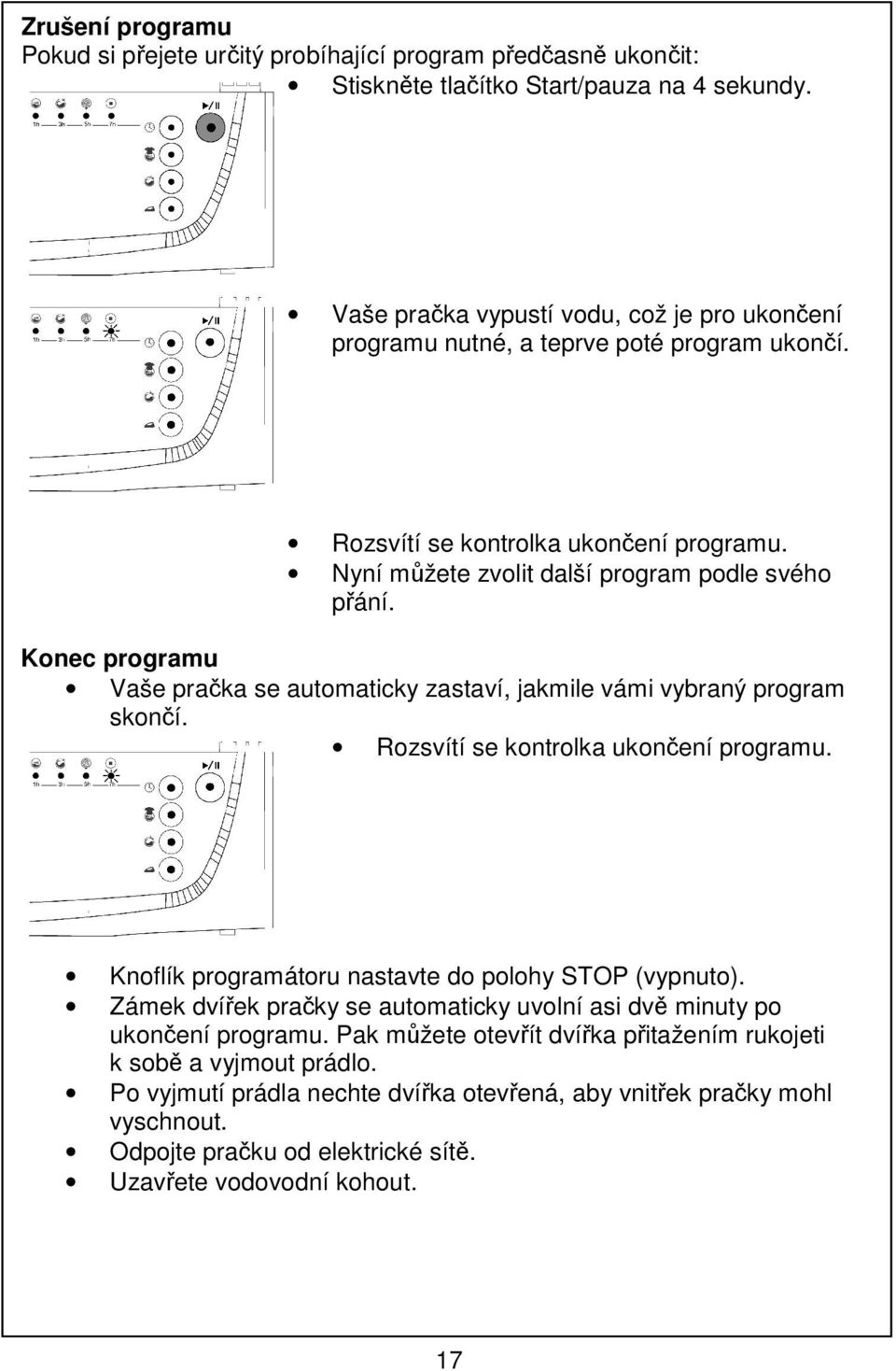 Konec programu Vaše pračka se automaticky zastaví, jakmile vámi vybraný program skončí. Rozsvítí se kontrolka ukončení programu. Knoflík programátoru nastavte do polohy STOP (vypnuto).