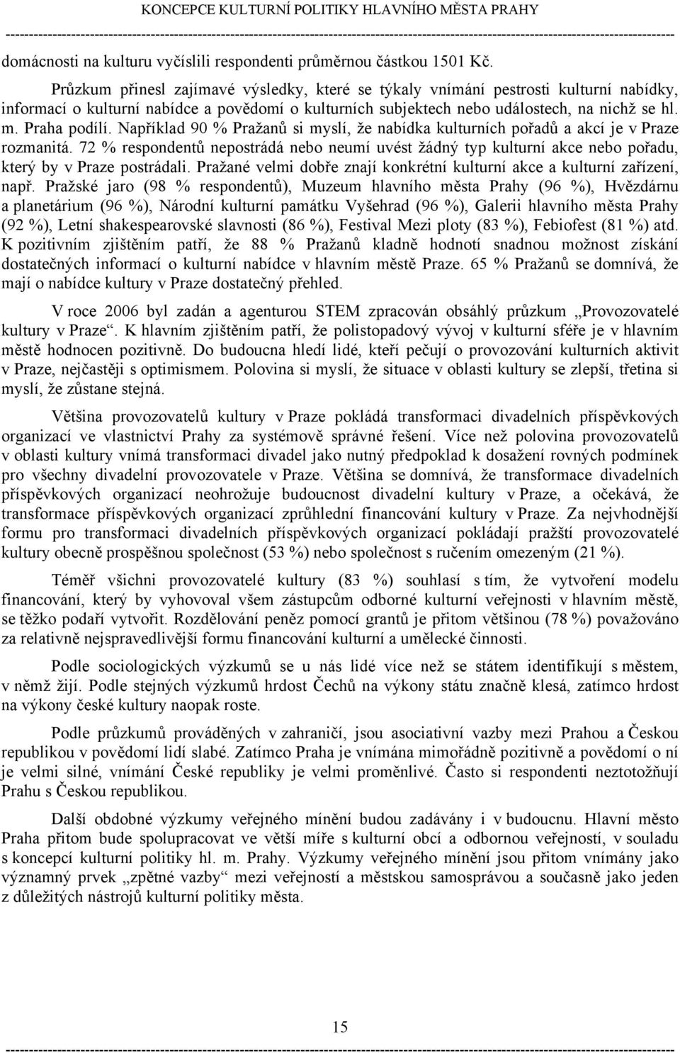 Například 90 % Pražanů si myslí, že nabídka kulturních pořadů a akcí je v Praze rozmanitá.