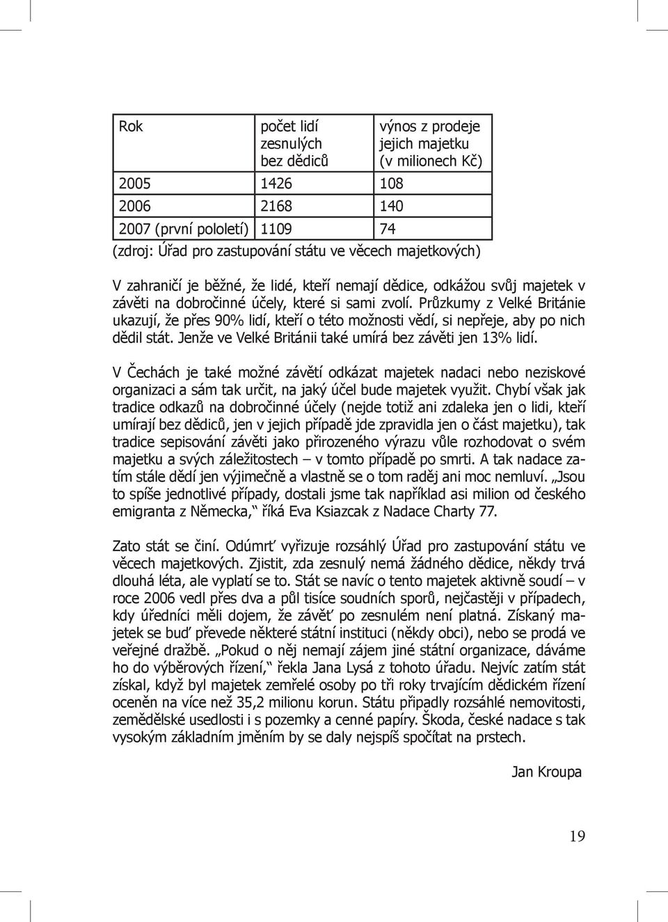 Průzkumy z Velké Británie ukazují, že přes 90% lidí, kteří o této možnosti vědí, si nepřeje, aby po nich dědil stát. Jenže ve Velké Británii také umírá bez závěti jen 13% lidí.