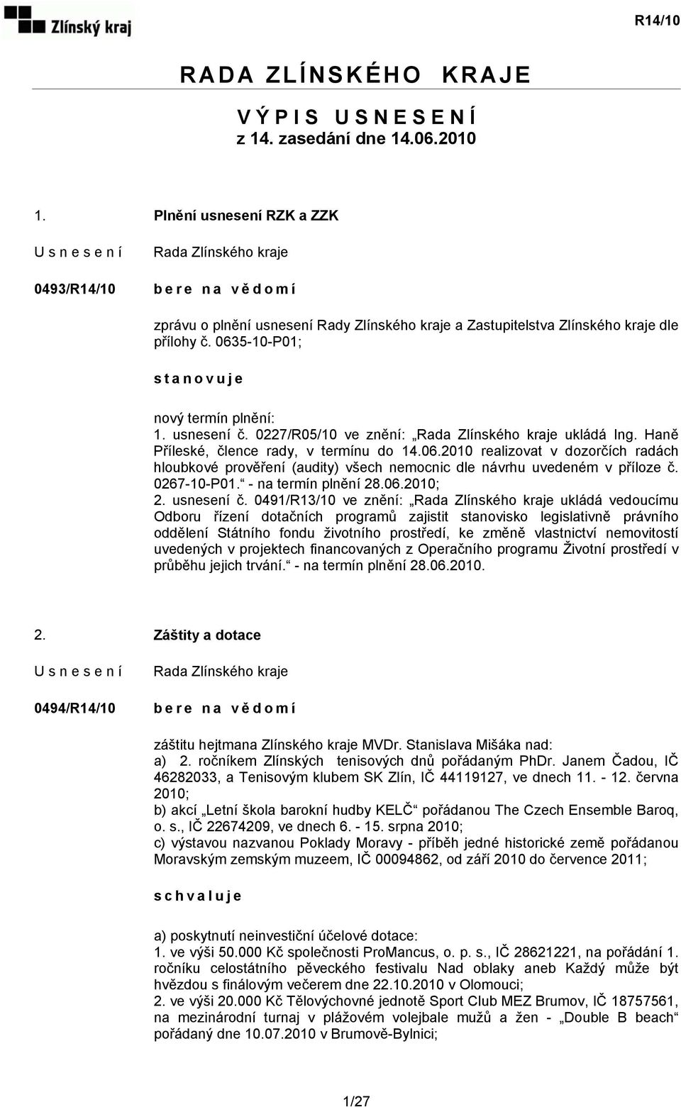 usnesení č. 0227/R05/10 ve znění: Ing. Haně Příleské, člence rady, v termínu do 14.06.2010 realizovat v dozorčích radách hloubkové prověření (audity) všech nemocnic dle návrhu uvedeném v příloze č.