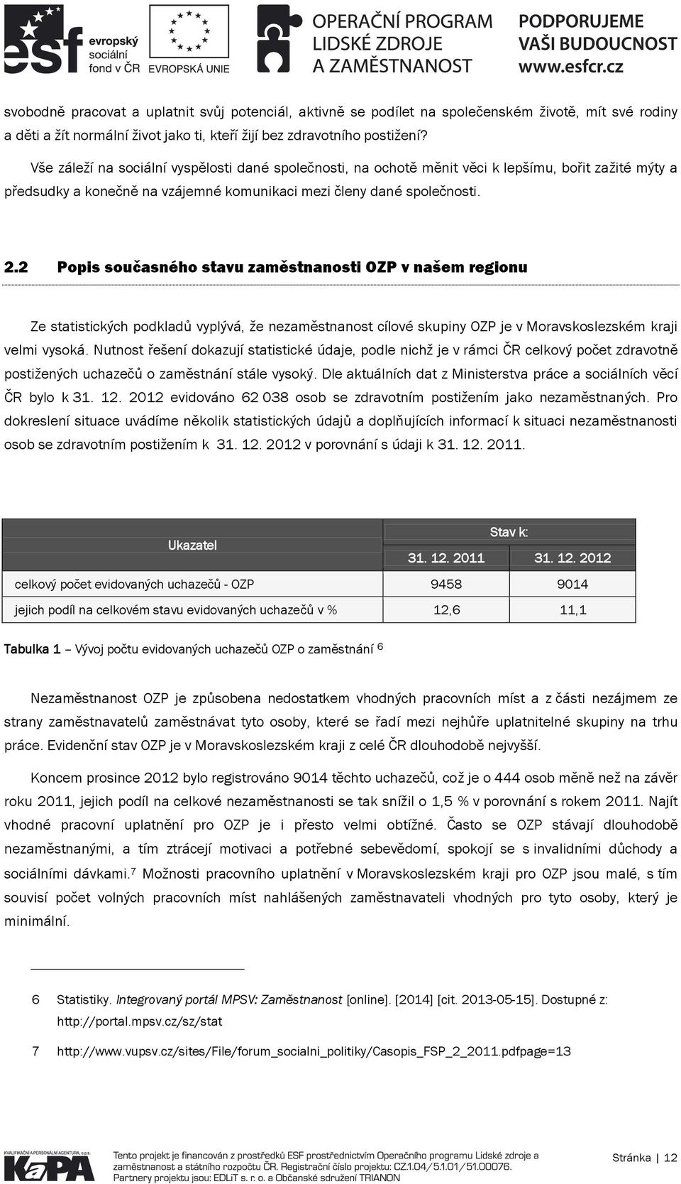 2 Popis současného stavu zaměstnanosti OZP v našem regionu Ze statistických podkladů vyplývá, že nezaměstnanost cílové skupiny OZP je v Moravskoslezském kraji velmi vysoká.