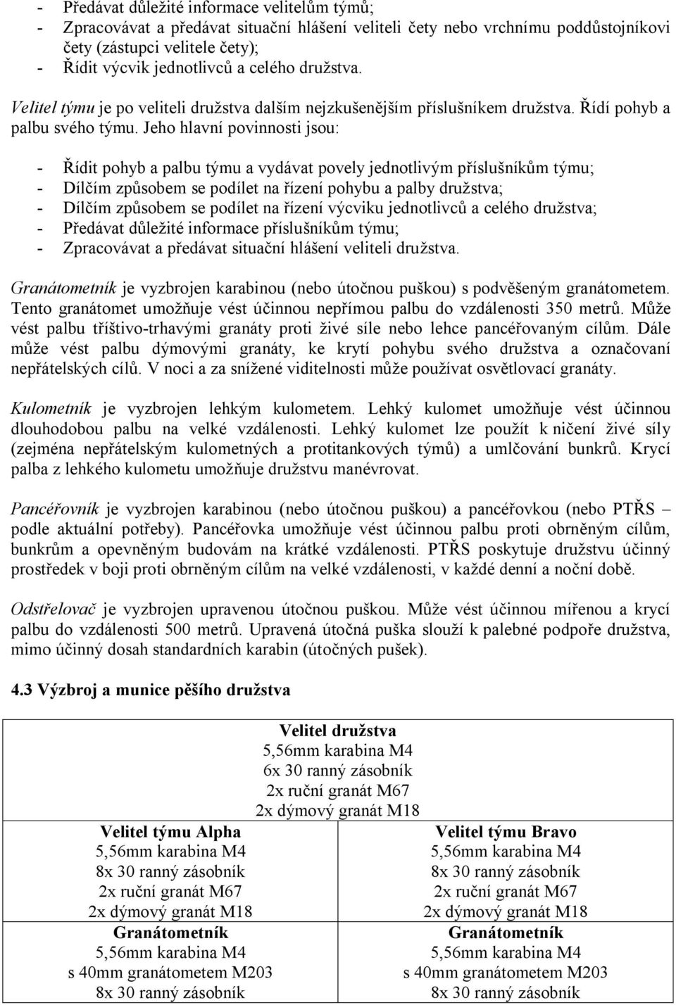 Jeho hlavní povinnosti jsou: - Řídit pohyb a palbu týmu a vydávat povely jednotlivým příslušníkům týmu; - Dílčím způsobem se podílet na řízení pohybu a palby družstva; - Dílčím způsobem se podílet na