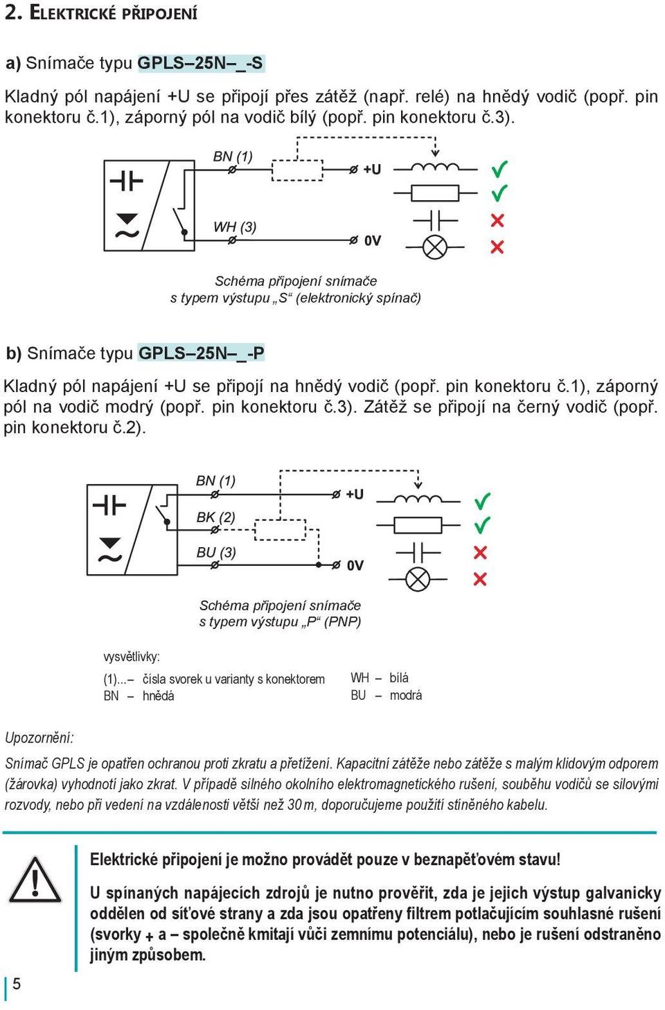 1), záporný pól na vodič modrý (popř. pin konektoru č.3). Zátěž se připojí na černý vodič (popř. pin konektoru č.2). Schéma připojení snímače s typem výstupu P (PNP) vysvětlivky: (1).