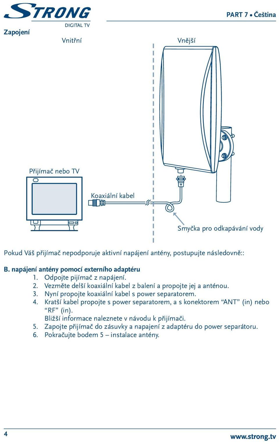 Vezměte delší koaxiální kabel z balení a propojte jej a anténou. 3. Nyní propojte koaxiální kabel s power separatorem. 4.