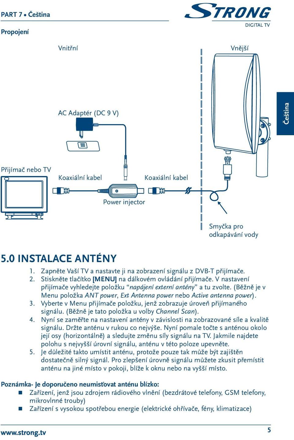 V nastavení přijímače vyhledejte položku napájení externí antény a tu zvolte. (Běžně je v Menu položka ANT power, Ext Antenna power nebo Active antenna power). 3.