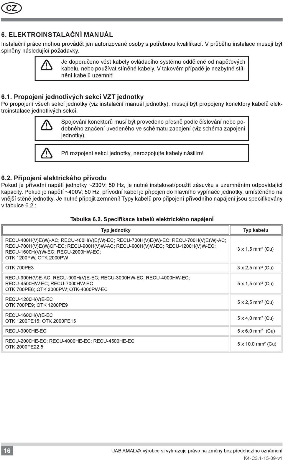 Propojení jednotlivých sekcí VZT jednotky Po propojení všech sekcí jednotky (viz instalační manuál jednotky), musejí být propojeny konektory kabelů elektroinstalace jednotlivých sekcí.