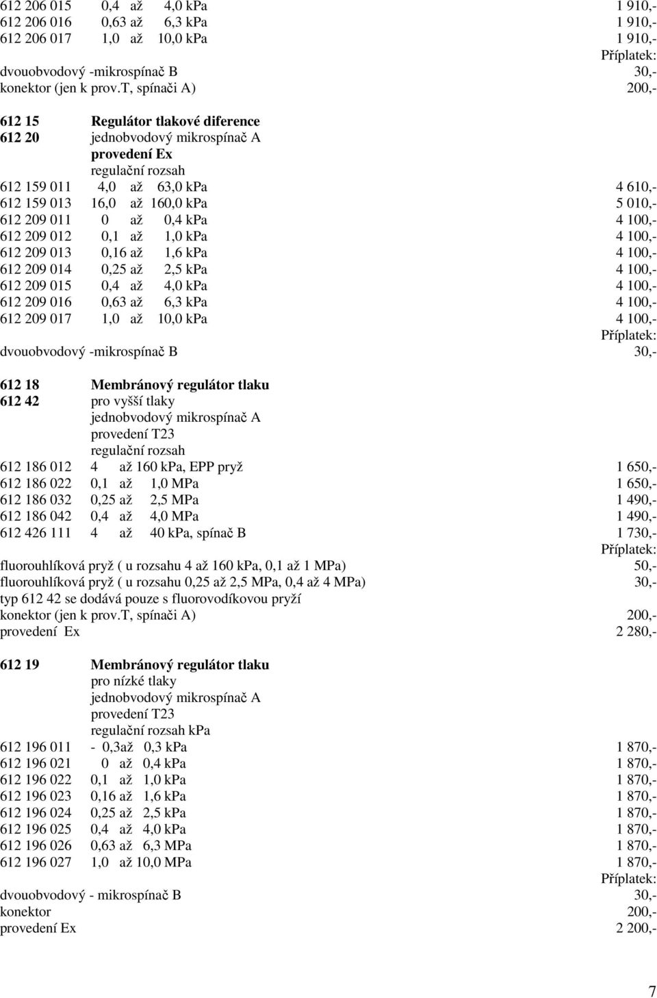 kpa 4 100,- 612 209 012 0,1 až 1,0 kpa 4 100,- 612 209 013 0,16 až 1,6 kpa 4 100,- 612 209 014 0,25 až 2,5 kpa 4 100,- 612 209 015 0,4 až 4,0 kpa 4 100,- 612 209 016 0,63 až 6,3 kpa 4 100,- 612 209