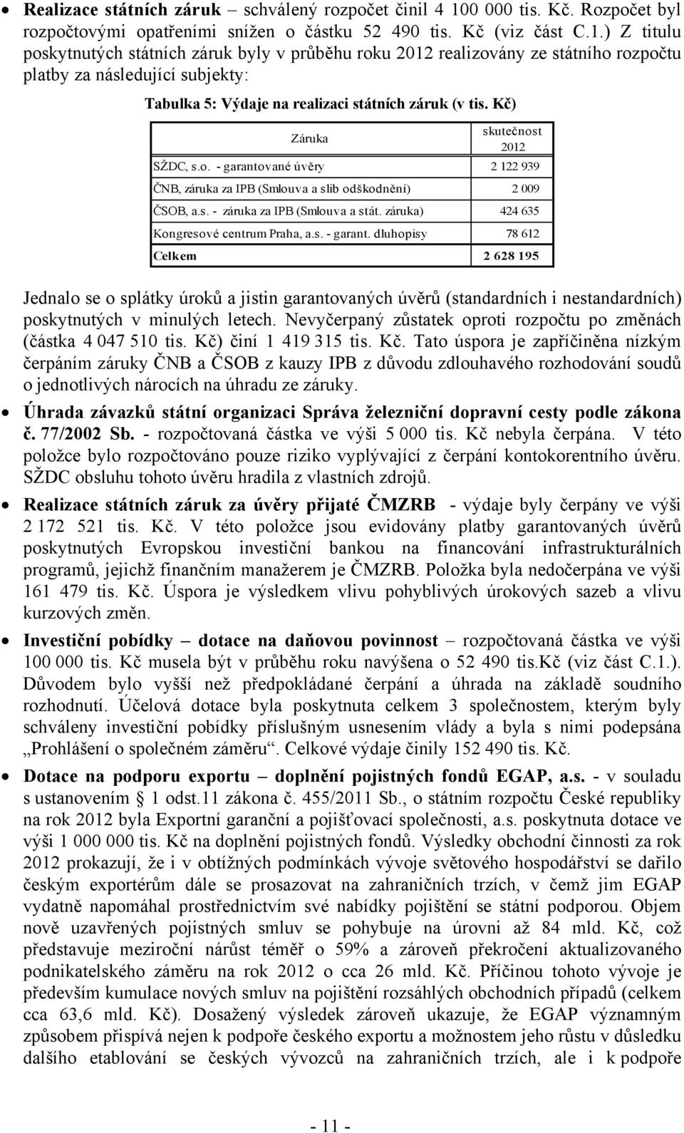 ) Z titulu poskytnutých státních záruk byly v průběhu roku 2012 realizovány ze státního rozpočtu platby za následující subjekty: Tabulka 5: Výdaje na realizaci státních záruk (v tis.