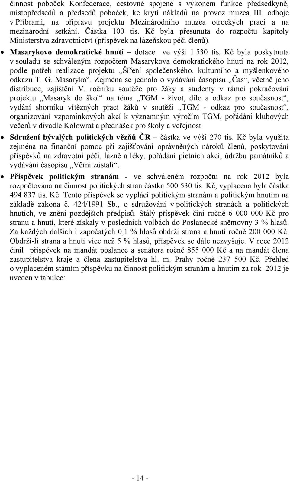 Kč byla přesunuta do rozpočtu kapitoly Ministerstva zdravotnictví (příspěvek na lázeňskou péči členů). Masarykovo demokratické hnutí dotace ve výši 1 530 tis.