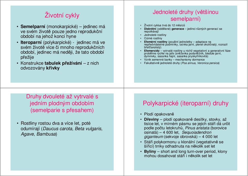 generace jedinci různých generací se nepotkávají Jednoleté rostliny Ozimé rostliny Efemérní rostliny (pouštní jednoletky adaptace na nepředvídatelné podmínky, osívka jarní, plevel okoličnatý,