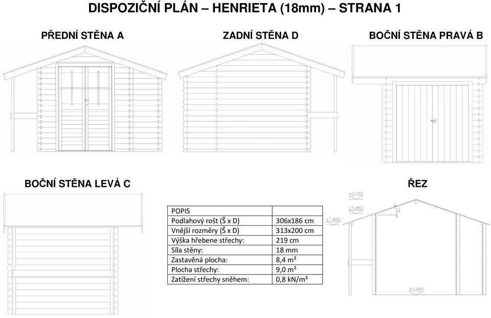 Vnější rozměry (Š x D) 313x200 cm Výška hřebene střechy: 219 cm Síla stěny: 18