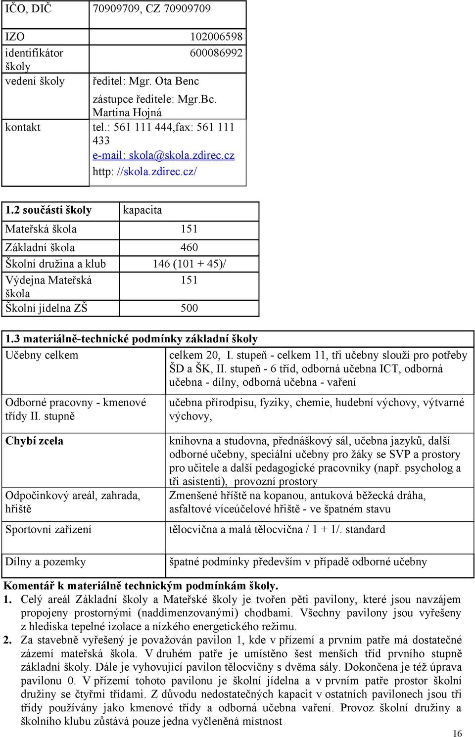 2 součásti školy kapacita Mateřská škola 151 Základní škola 460 Školní družina a klub 146 (101 + 45)/ Výdejna Mateřská 151 škola Školní jídelna ZŠ 500 1.