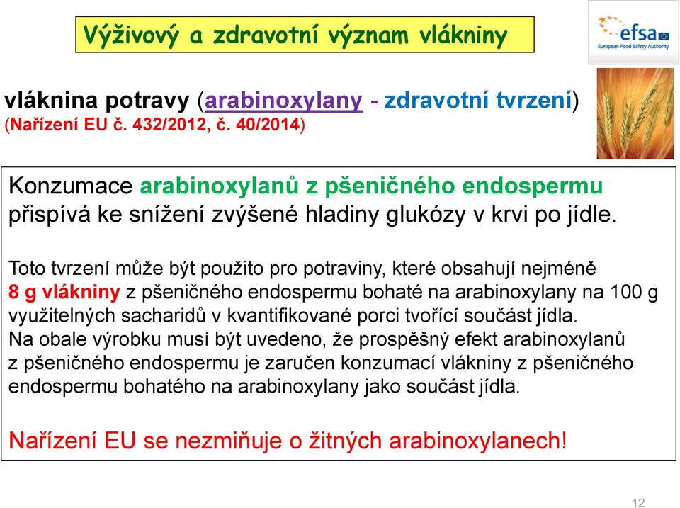 Toto tvrzení může být použito pro potraviny, které obsahují nejméně 8 g vlákniny z pšeničného endospermu bohaté na arabinoxylany na 100 g využitelných sacharidů v