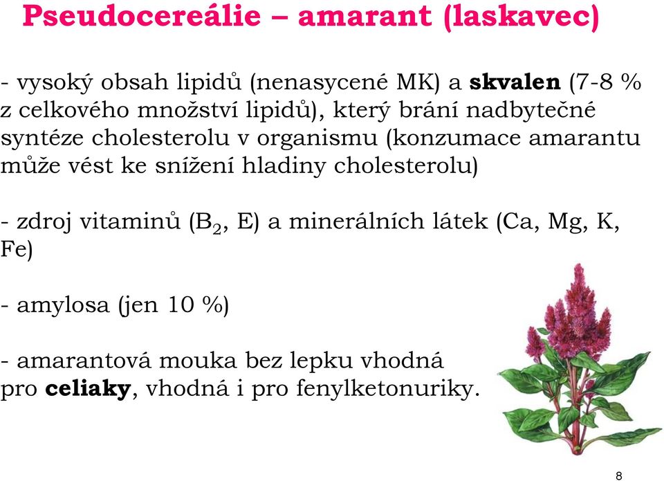 vést ke snížení hladiny cholesterolu) - zdroj vitaminů (B 2, E) a minerálních látek (Ca, Mg, K, Fe)