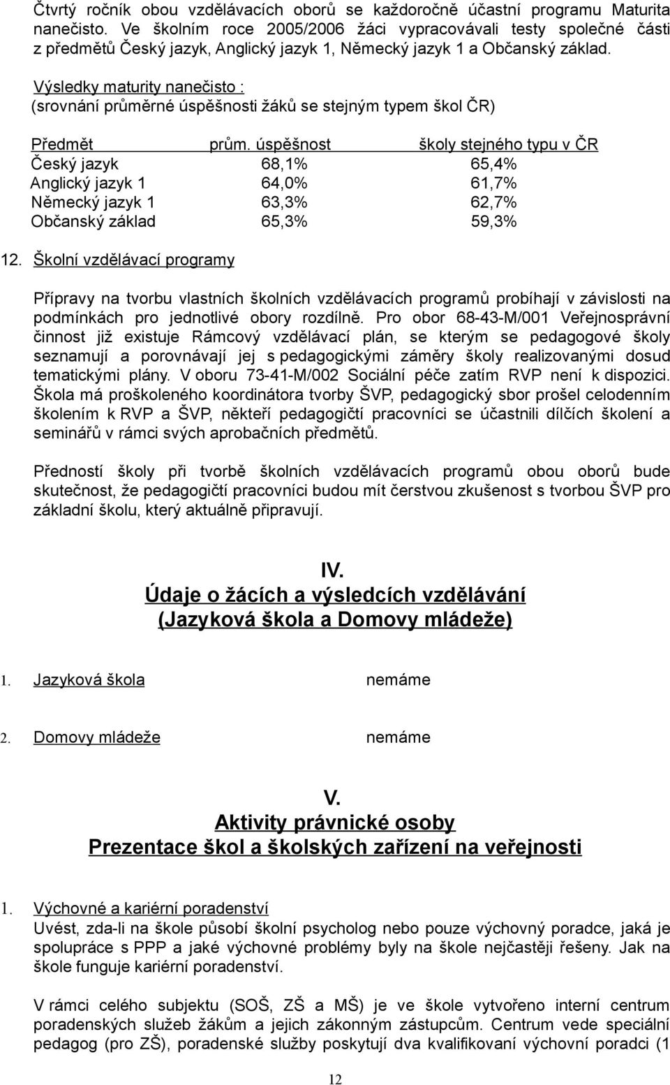 Výsledky maturity nanečisto : (srovnání průměrné úspěšnosti žáků se stejným typem škol ČR) Předmět prům.