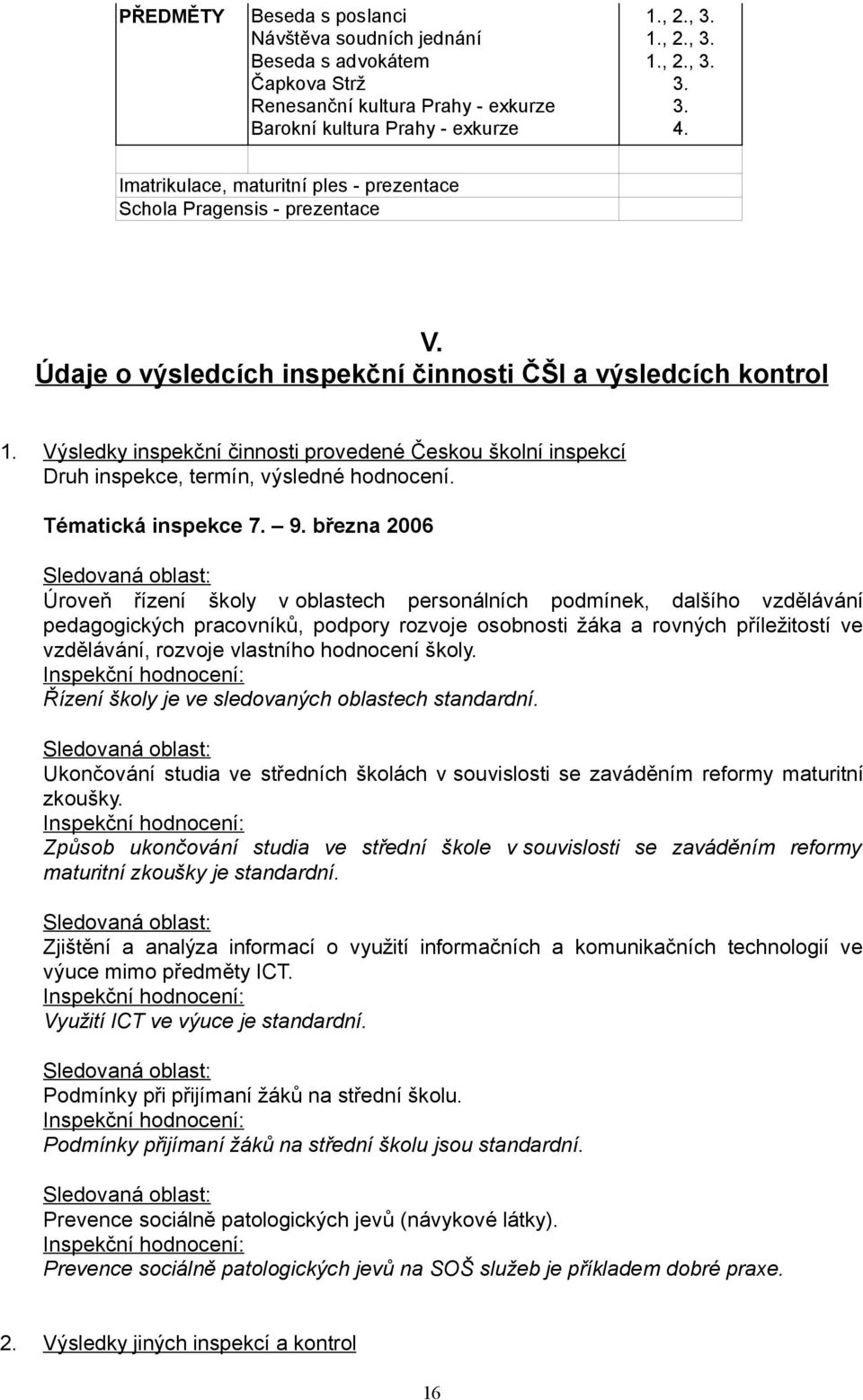 Výsledky inspekční činnosti provedené Českou školní inspekcí Druh inspekce, termín, výsledné hodnocení. Tématická inspekce 7. 9.
