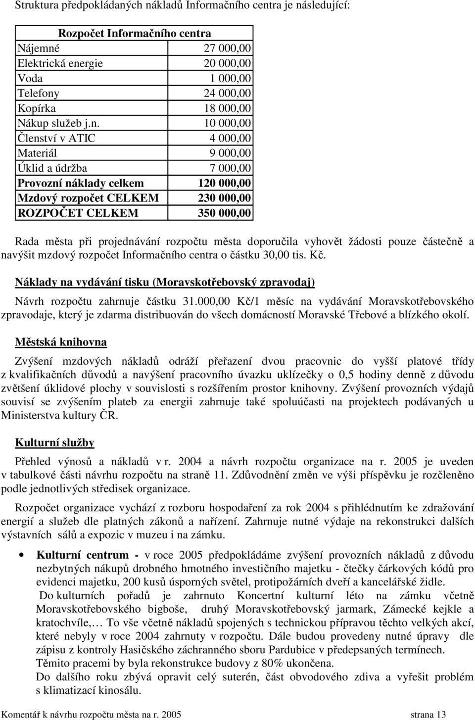 10 000,00 Členství v ATIC 4 000,00 Materiál 9 000,00 Úklid a údržba 7 000,00 Provozní náklady celkem 120 000,00 Mzdový rozpočet CELKEM 230 000,00 ROZPOČET CELKEM 350 000,00 Rada města při