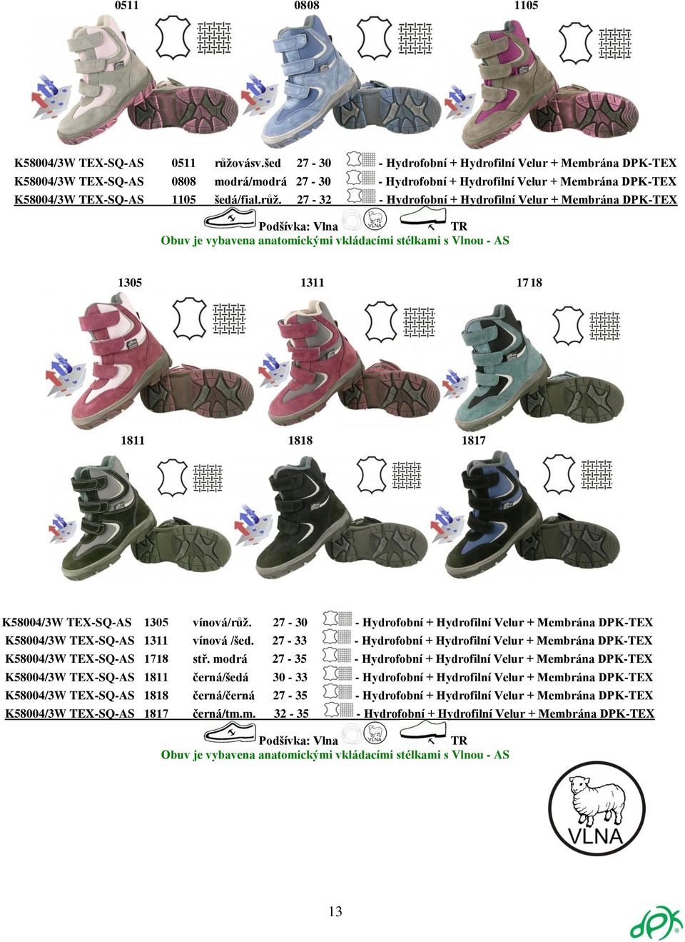 27-32 - Hydrofobní + Hydrofilní Velur + Membrána DPK-TEX Podšívka: Vlna Obuv je vybavena anatomickými vkládacími stélkami s Vlnou - AS 1305 1311 1718 1811 1818 1817 K58004/3W TEX-SQ-AS 1305