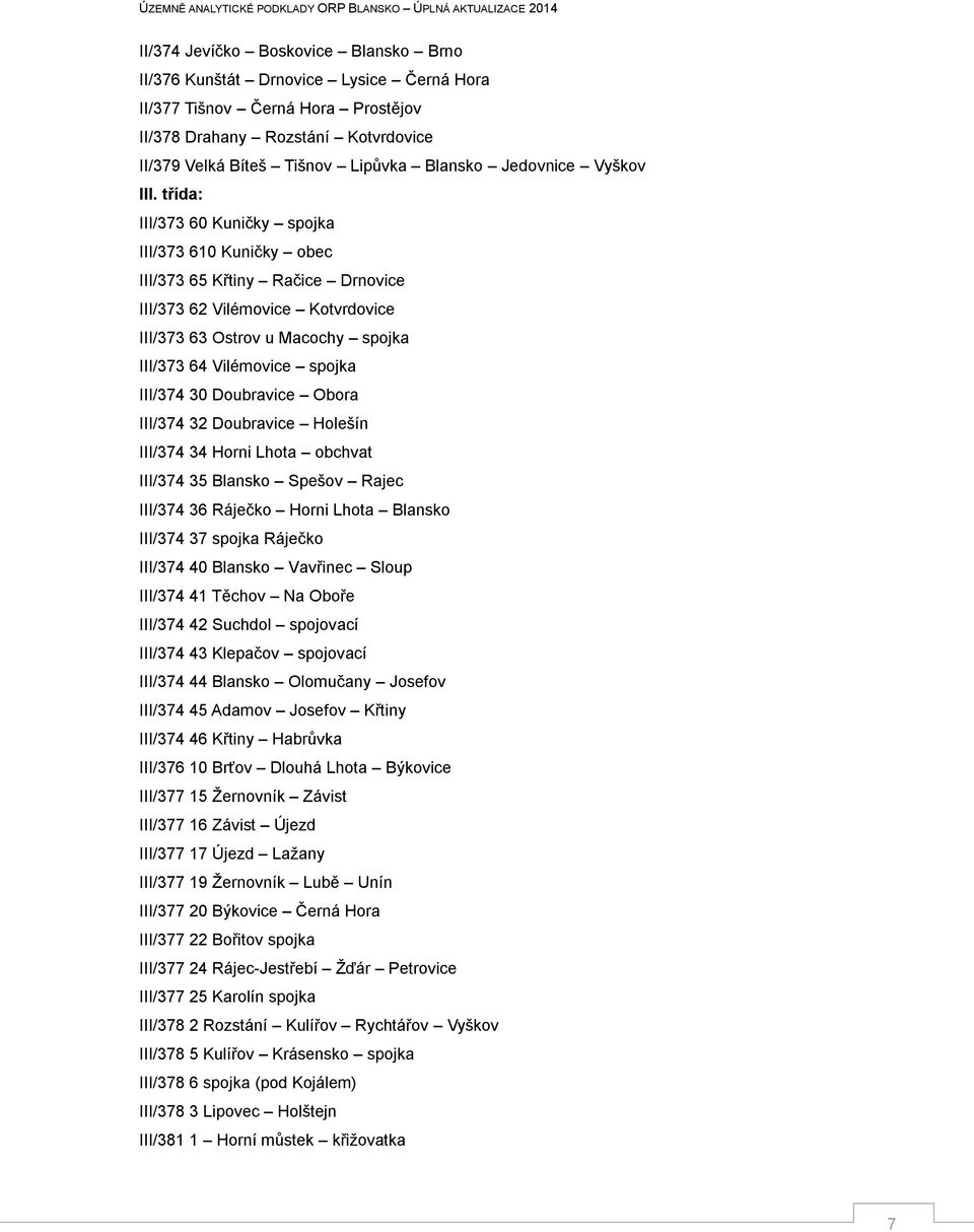 třída: III/373 60 Kuničky spojka III/373 610 Kuničky obec III/373 65 Křtiny Račice Drnovice III/373 62 Vilémovice Kotvrdovice III/373 63 Ostrov u Macochy spojka III/373 64 Vilémovice spojka III/374