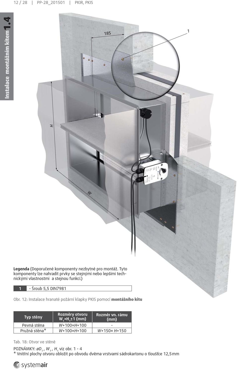 : Instalace hranaté požární klapky PKIS pomocí montážního kitu Typ stěny Rozměry otvoru W H ± Rozměr vn.