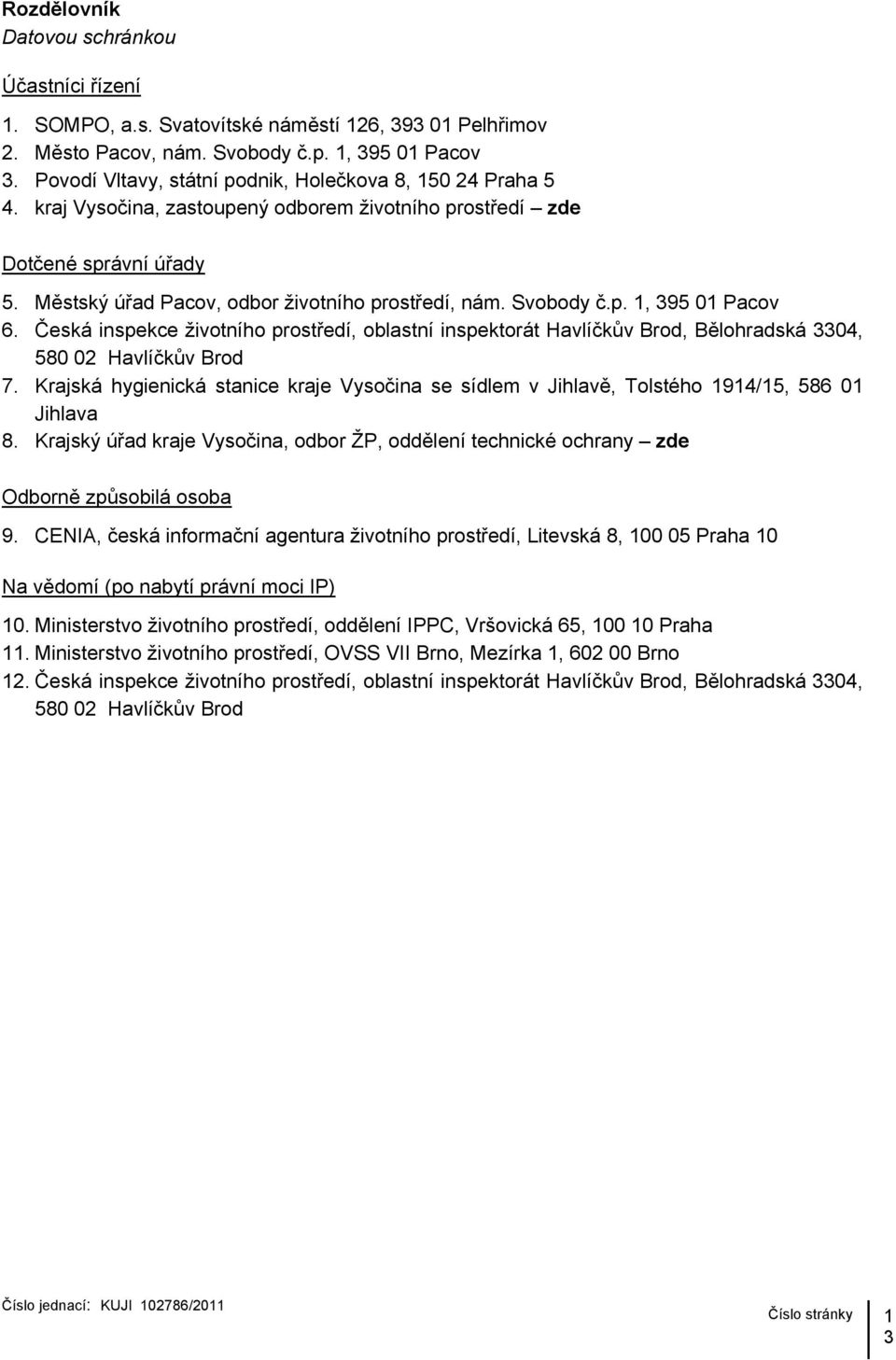 Svobody č.p. 1, 395 01 Pacov 6. Česká inspekce životního prostředí, oblastní inspektorát Havlíčkův Brod, Bělohradská 3304, 580 02 Havlíčkův Brod 7.
