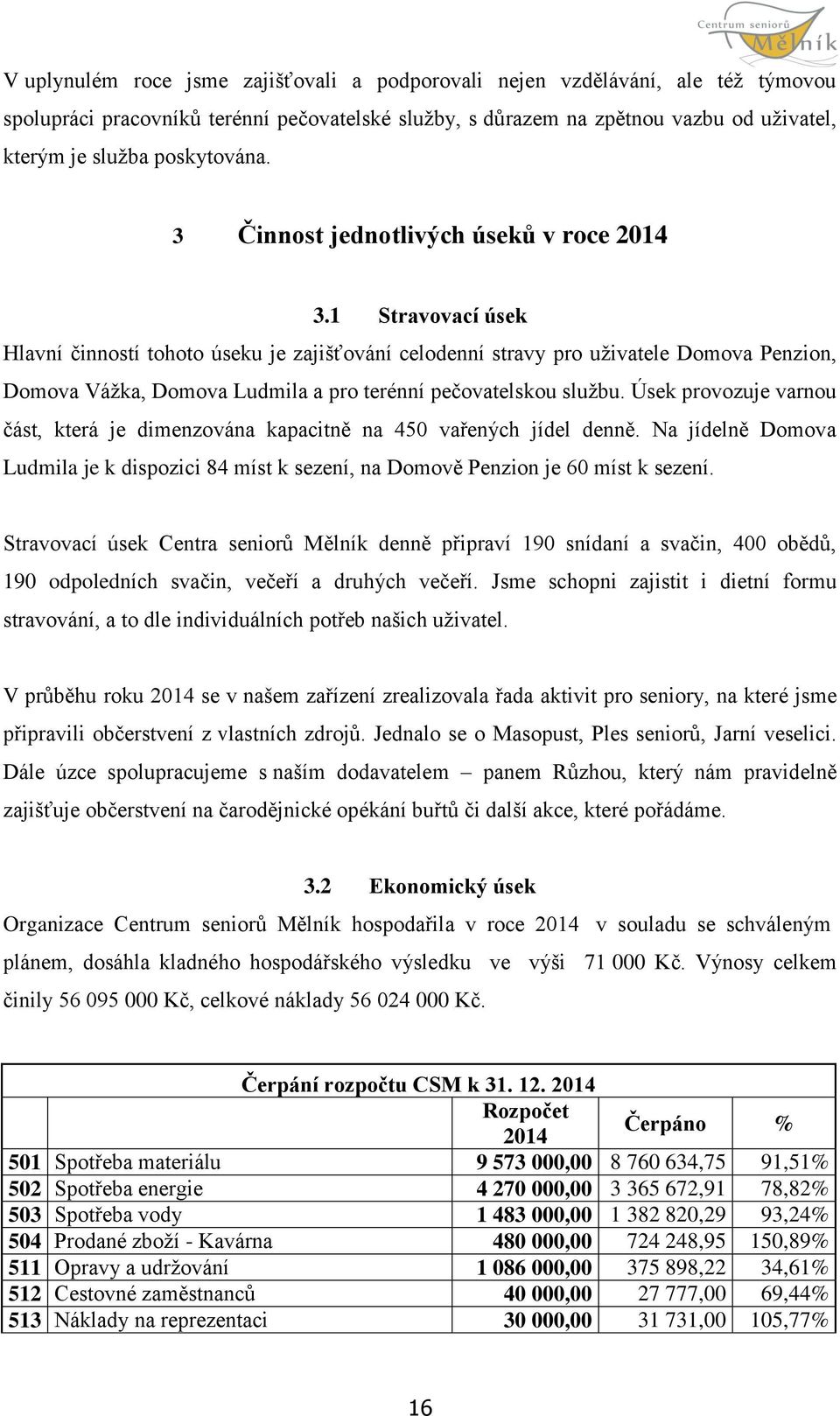 1 Stravovací úsek Hlavní činností tohoto úseku je zajišťování celodenní stravy pro uživatele Domova Penzion, Domova Vážka, Domova Ludmila a pro terénní pečovatelskou službu.