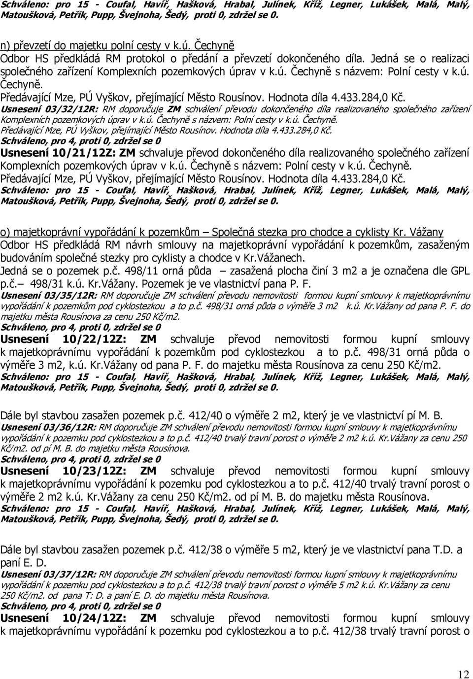 Usnesení 03/32/12R: RM doporučuje ZM schválení převodu dokončeného díla realizovaného společného zařízení Komplexních pozemkových úprav v k.ú. Čechyně s názvem: Polní cesty v k.