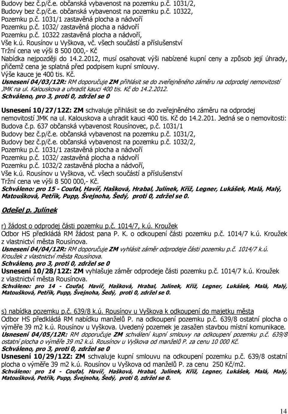 Výše kauce je 400 tis. Kč. Usnesení 04/03/12R: RM doporučuje ZM přihlásit se do zveřejněného záměru na odprodej nemovitostí JMK na ul. Kalouskova a uhradit kauci 400 tis. Kč do 14.2.2012.