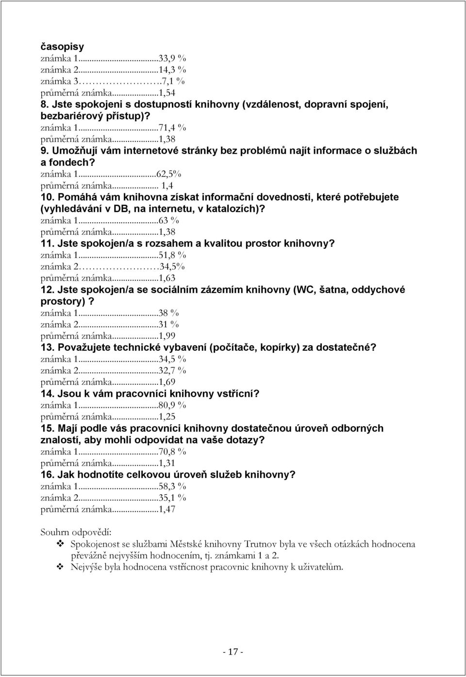 Pomáhá vám knihovna získat informační dovednosti, které potřebujete (vyhledávání v DB, na internetu, v katalozích)? známka 1...63 % průměrná známka...1,38 11.