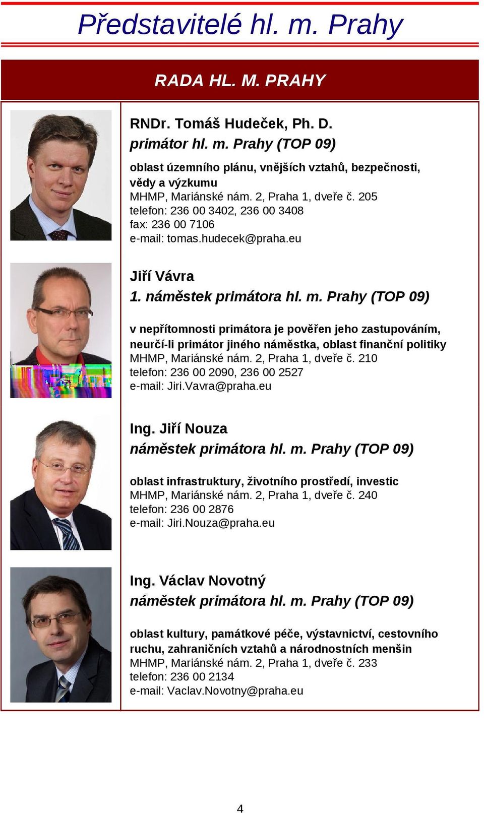 Prahy (TOP 09) v nepřítomnosti primátora je pověřen jeho zastupováním, neurčí-li primátor jiného náměstka, oblast finanční politiky MHMP, Mariánské nám. 2, Praha 1, dveře č.