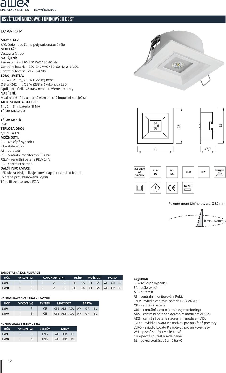 2 h, 3 h, baterie Ni-MH TŘÍDA IZOLE: II Ip20 : 0 C 40 C FZLV centrální baterie FZLV 24 V DALŠÍ INFORME: Třída III izolace verze FZLV 220-240V 95 216V 24V 95 LED Ni-MH IP20 47,7 95 Rozměr montážního