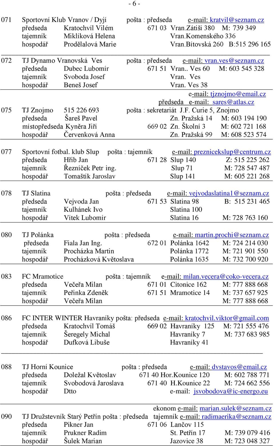 . Ves 60 M: 603 545 328 tajemník Svoboda Josef Vran. Ves hospodář Beneš Josef Vran. Ves 38 e-mail: tjznojmo@email.cz předseda e-mail: sares@atlas.cz 075 TJ Znojmo 515 226 693 pošta : sekretariát J.F.