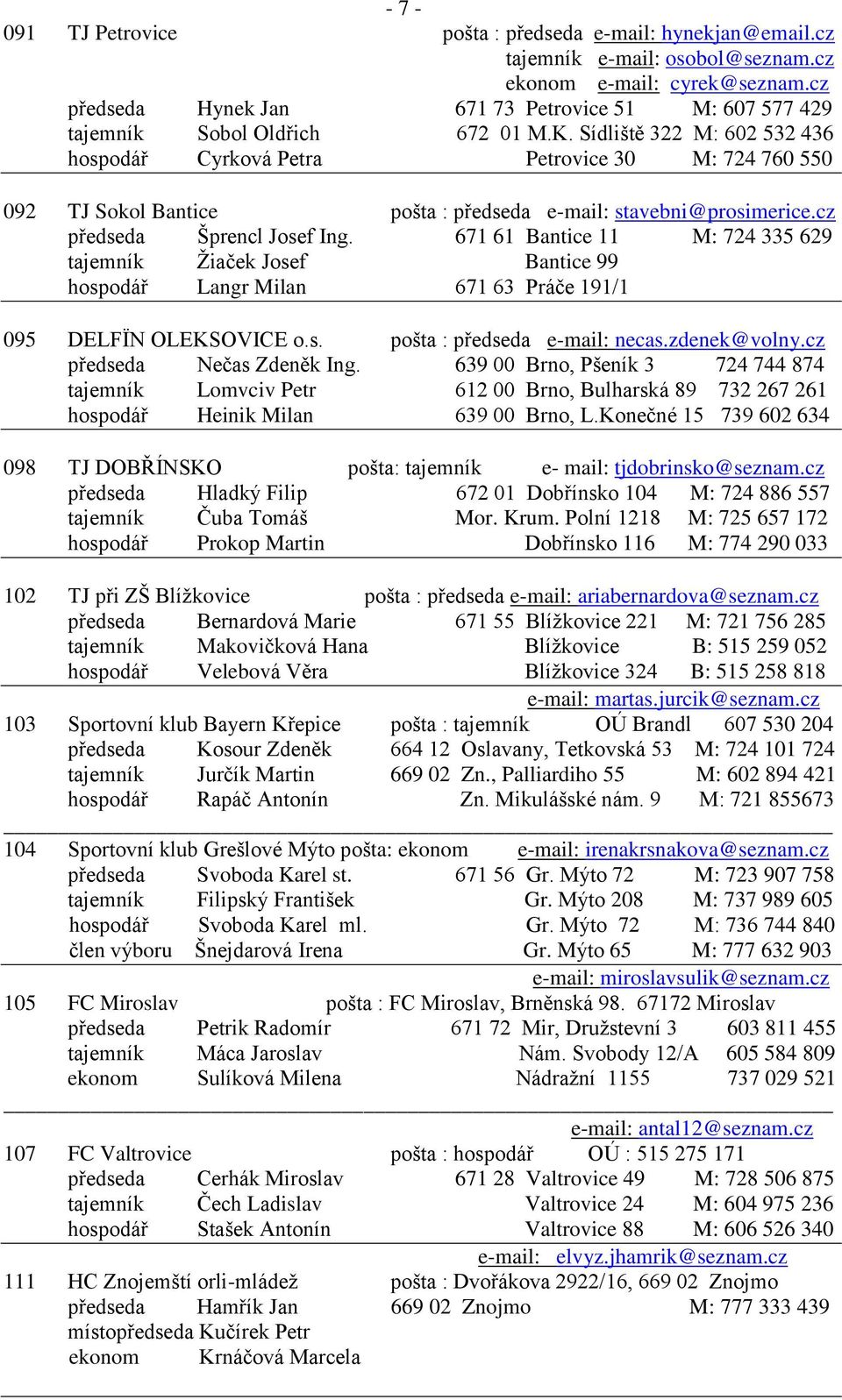 Sídliště 322 M: 602 532 436 hospodář Cyrková Petra Petrovice 30 M: 724 760 550 092 TJ Sokol Bantice pošta : předseda e-mail: stavebni@prosimerice.cz předseda Šprencl Josef Ing.